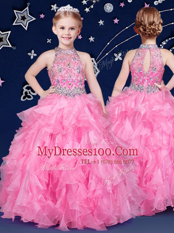 Glorious Halter Top Organza Sleeveless Floor Length Little Girls Pageant Dress Wholesale and Beading and Ruffles