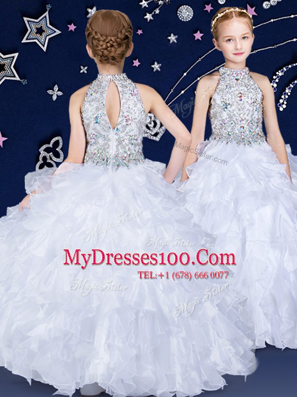 Glorious Halter Top Organza Sleeveless Floor Length Little Girls Pageant Dress Wholesale and Beading and Ruffles