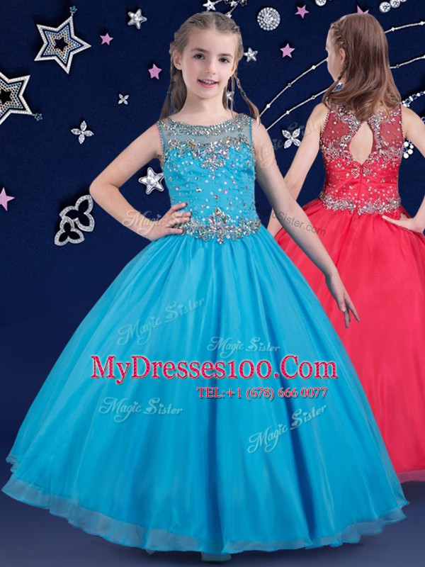 Great Scoop Floor Length Zipper Little Girl Pageant Gowns Baby Blue for Quinceanera and Wedding Party with Beading