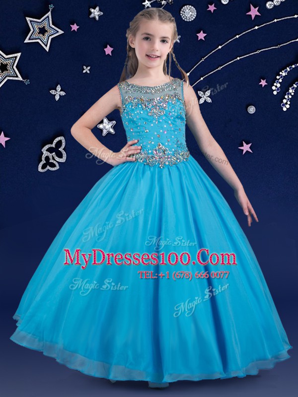 Great Scoop Floor Length Zipper Little Girl Pageant Gowns Baby Blue for Quinceanera and Wedding Party with Beading