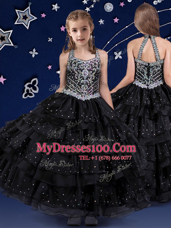 Custom Designed Organza Halter Top Sleeveless Zipper Beading and Ruffled Layers Little Girls Pageant Gowns in Black
