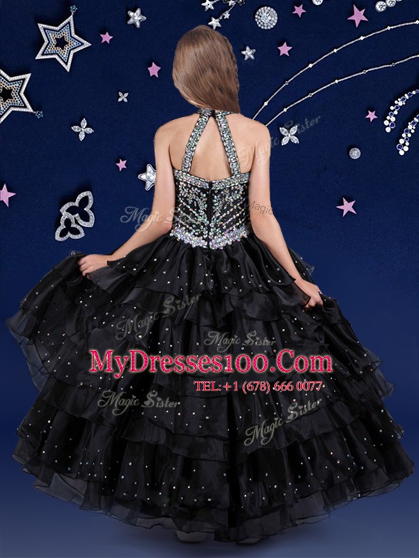 Custom Designed Organza Halter Top Sleeveless Zipper Beading and Ruffled Layers Little Girls Pageant Gowns in Black