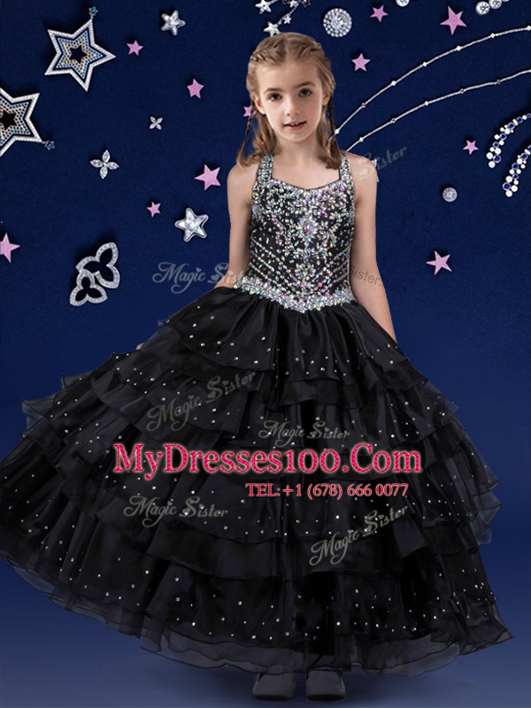 Custom Designed Organza Halter Top Sleeveless Zipper Beading and Ruffled Layers Little Girls Pageant Gowns in Black