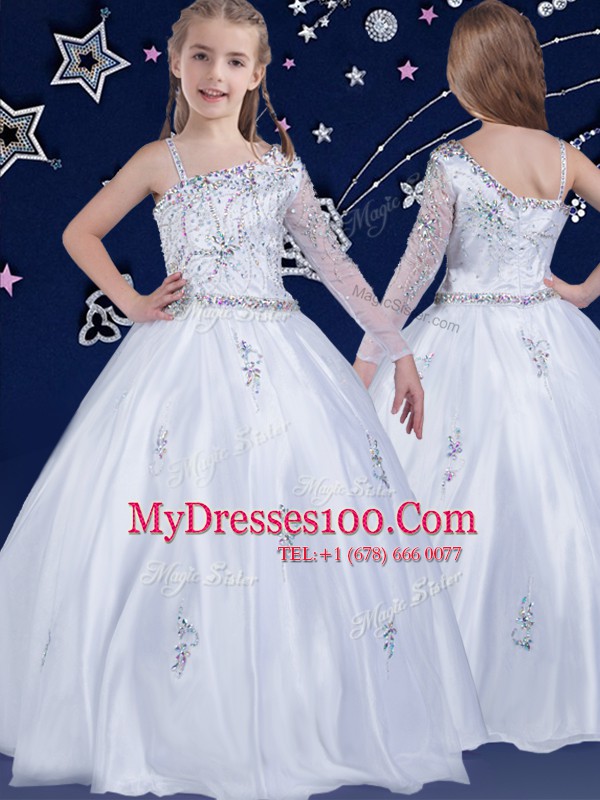 White Ball Gowns Asymmetric Sleeveless Organza Floor Length Zipper Beading Flower Girl Dresses for Less