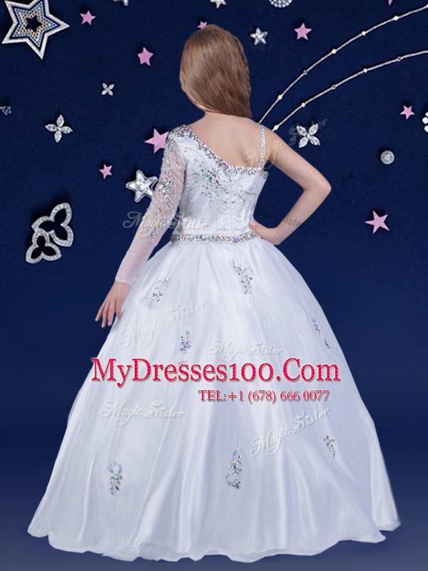 White Ball Gowns Asymmetric Sleeveless Organza Floor Length Zipper Beading Flower Girl Dresses for Less