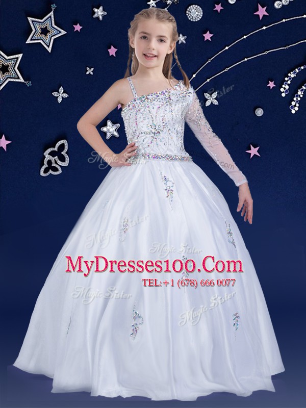 White Ball Gowns Asymmetric Sleeveless Organza Floor Length Zipper Beading Flower Girl Dresses for Less