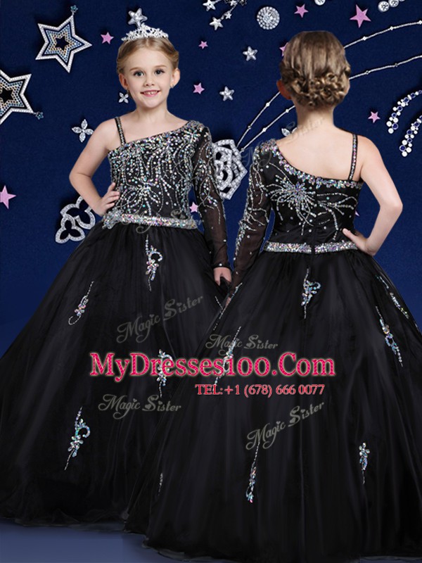 Beautiful Black Organza Zipper Asymmetric Sleeveless Floor Length Flower Girl Dresses Beading