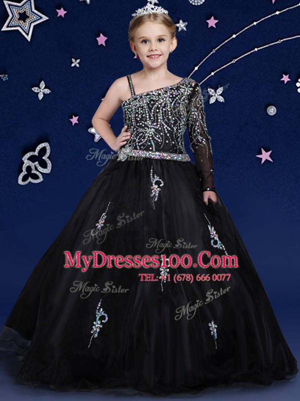 Beautiful Black Organza Zipper Asymmetric Sleeveless Floor Length Flower Girl Dresses Beading