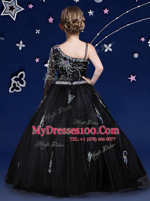 Beautiful Black Organza Zipper Asymmetric Sleeveless Floor Length Flower Girl Dresses Beading