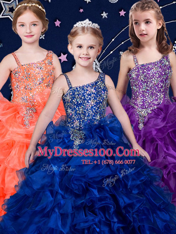 Flare Royal Blue and Purple and Orange Asymmetric Lace Up Beading and Ruffles Little Girl Pageant Gowns Sleeveless
