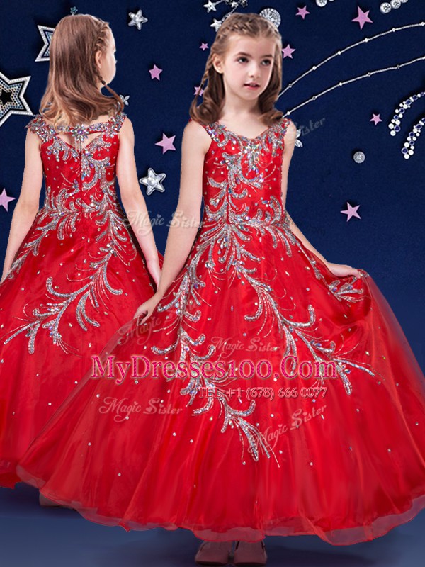 Red Ball Gowns Scoop Sleeveless Organza Ankle Length Zipper Beading and Appliques Flower Girl Dresses for Less