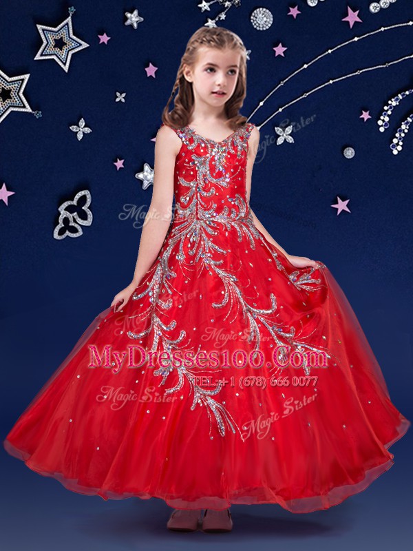Red Ball Gowns Scoop Sleeveless Organza Ankle Length Zipper Beading and Appliques Flower Girl Dresses for Less