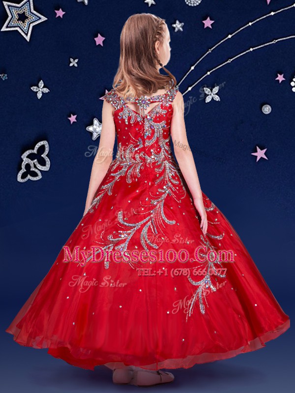 Red Ball Gowns Scoop Sleeveless Organza Ankle Length Zipper Beading and Appliques Flower Girl Dresses for Less