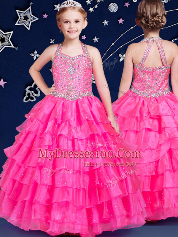 Halter Top Hot Pink Zipper Flower Girl Dresses Beading and Ruffled Layers Sleeveless Floor Length