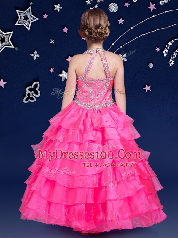 Halter Top Hot Pink Zipper Flower Girl Dresses Beading and Ruffled Layers Sleeveless Floor Length