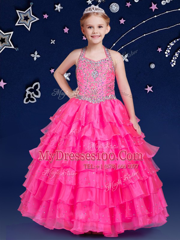 Halter Top Hot Pink Zipper Flower Girl Dresses Beading and Ruffled Layers Sleeveless Floor Length