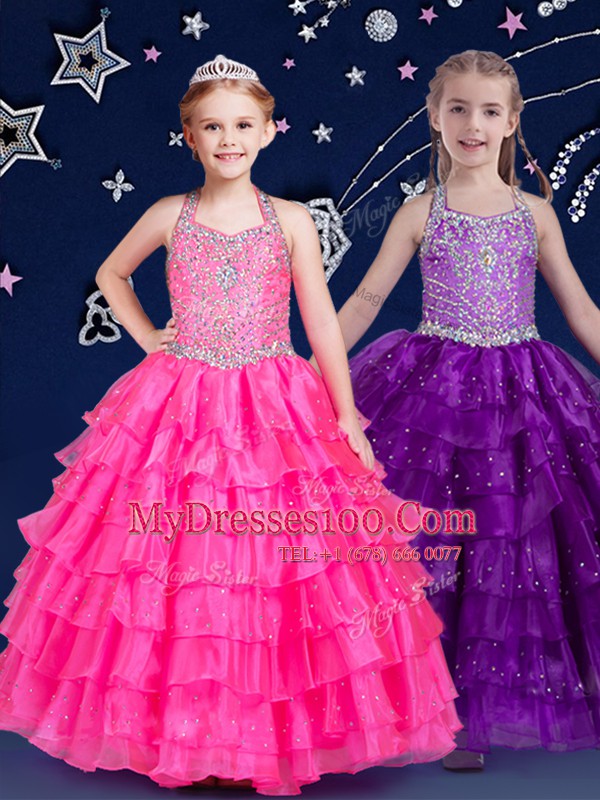 Halter Top Hot Pink Zipper Flower Girl Dresses Beading and Ruffled Layers Sleeveless Floor Length