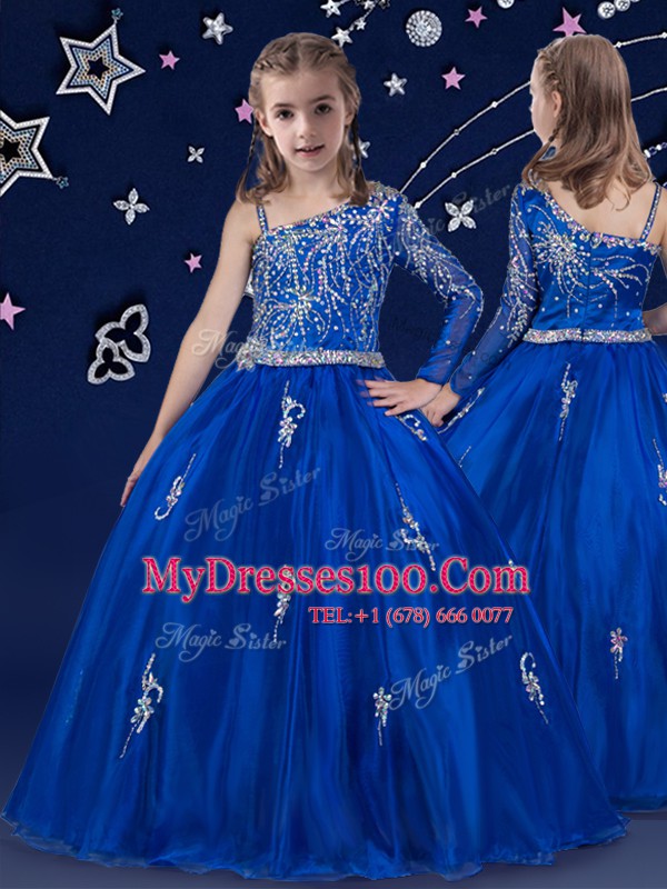 Royal Blue Ball Gowns Bateau Sleeveless Organza Floor Length Zipper Beading Flower Girl Dresses