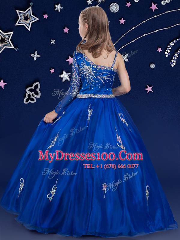 Royal Blue Ball Gowns Bateau Sleeveless Organza Floor Length Zipper Beading Flower Girl Dresses