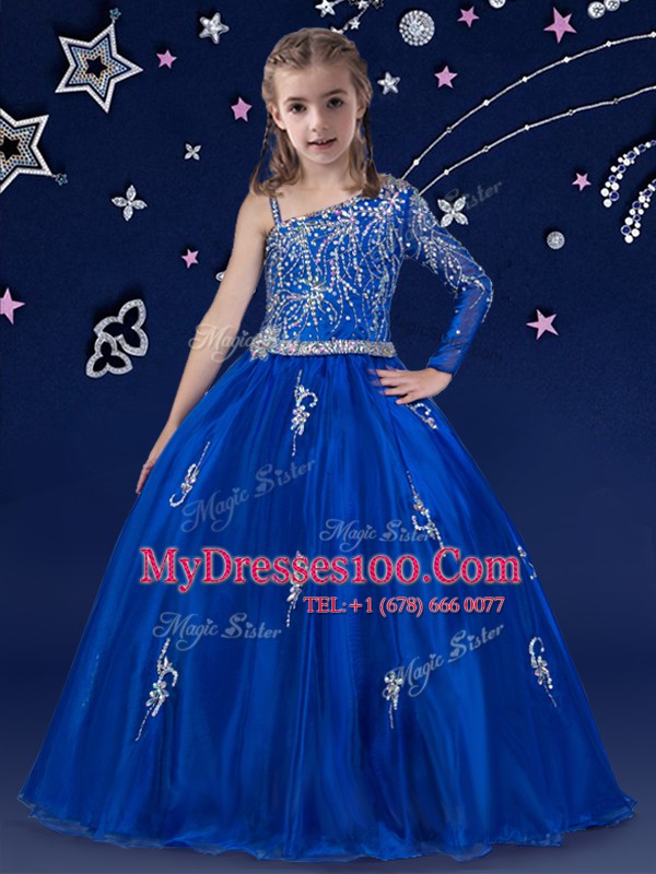 Royal Blue Ball Gowns Bateau Sleeveless Organza Floor Length Zipper Beading Flower Girl Dresses