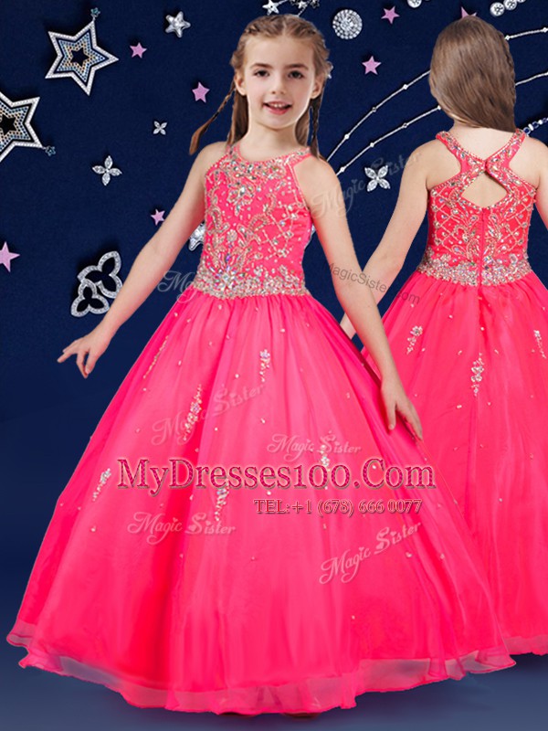Scoop Hot Pink Sleeveless Floor Length Beading Zipper Pageant Gowns For Girls