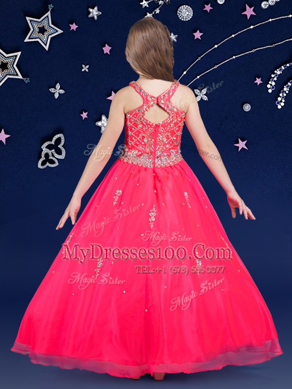 Scoop Hot Pink Sleeveless Floor Length Beading Zipper Pageant Gowns For Girls