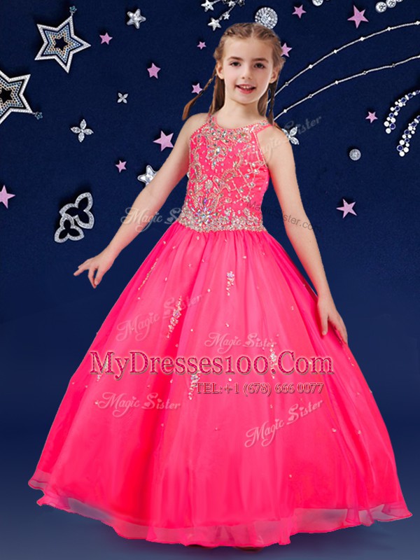Scoop Hot Pink Sleeveless Floor Length Beading Zipper Pageant Gowns For Girls