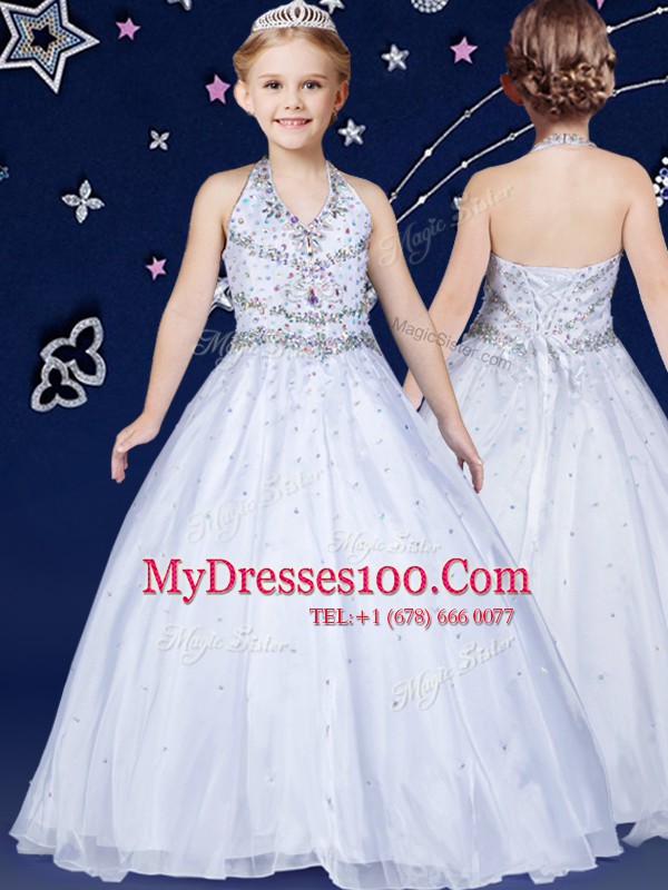 Artistic Halter Top Sleeveless Floor Length Beading Lace Up Little Girl Pageant Gowns with White