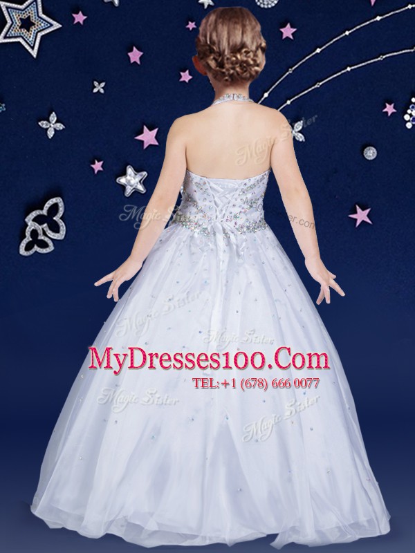 Artistic Halter Top Sleeveless Floor Length Beading Lace Up Little Girl Pageant Gowns with White
