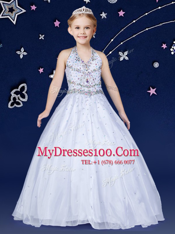 Artistic Halter Top Sleeveless Floor Length Beading Lace Up Little Girl Pageant Gowns with White