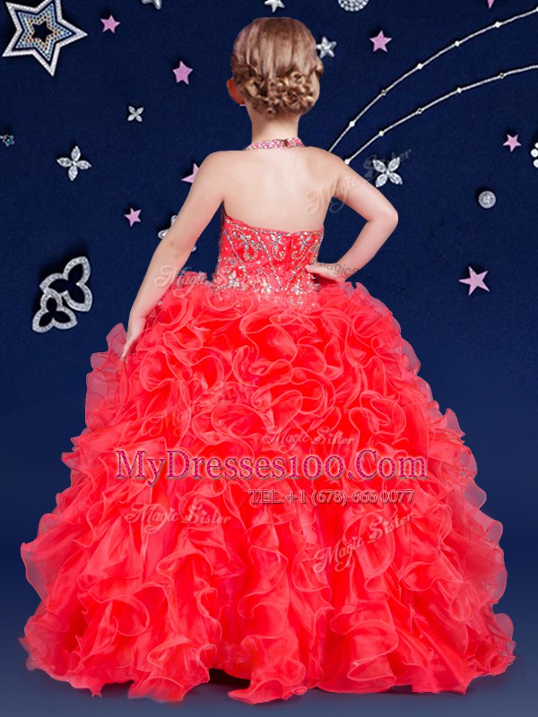 Modern Halter Top Sleeveless Child Pageant Dress Floor Length Beading and Ruffles Coral Red Organza
