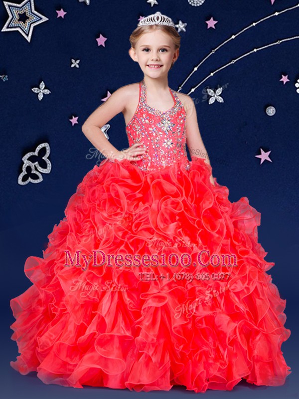 Modern Halter Top Sleeveless Child Pageant Dress Floor Length Beading and Ruffles Coral Red Organza