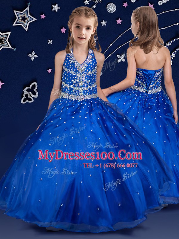 Super Organza Halter Top Sleeveless Lace Up Beading Kids Formal Wear in Royal Blue
