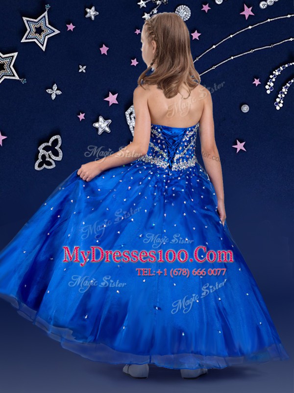 Super Organza Halter Top Sleeveless Lace Up Beading Kids Formal Wear in Royal Blue