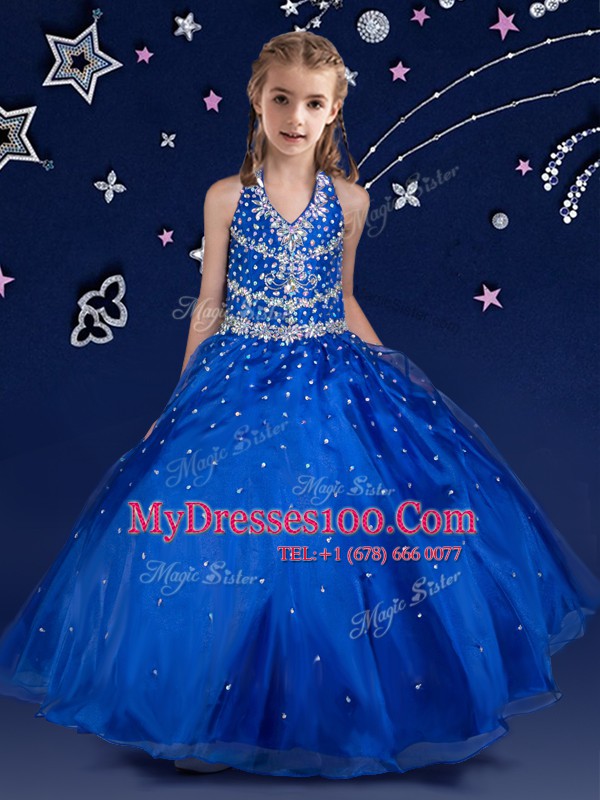 Super Organza Halter Top Sleeveless Lace Up Beading Kids Formal Wear in Royal Blue