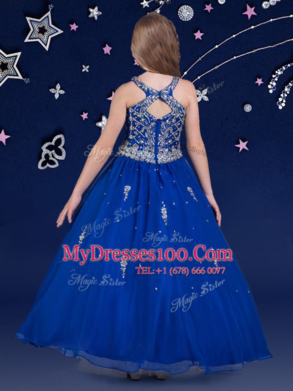 Designer Scoop Floor Length Zipper Little Girl Pageant Dress Royal Blue for Quinceanera and Wedding Party with Beading