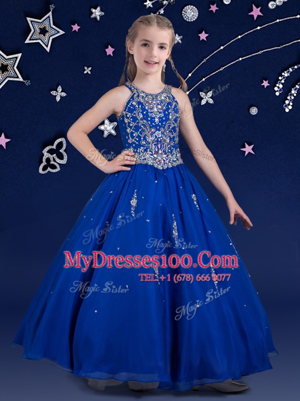 Designer Scoop Floor Length Zipper Little Girl Pageant Dress Royal Blue for Quinceanera and Wedding Party with Beading