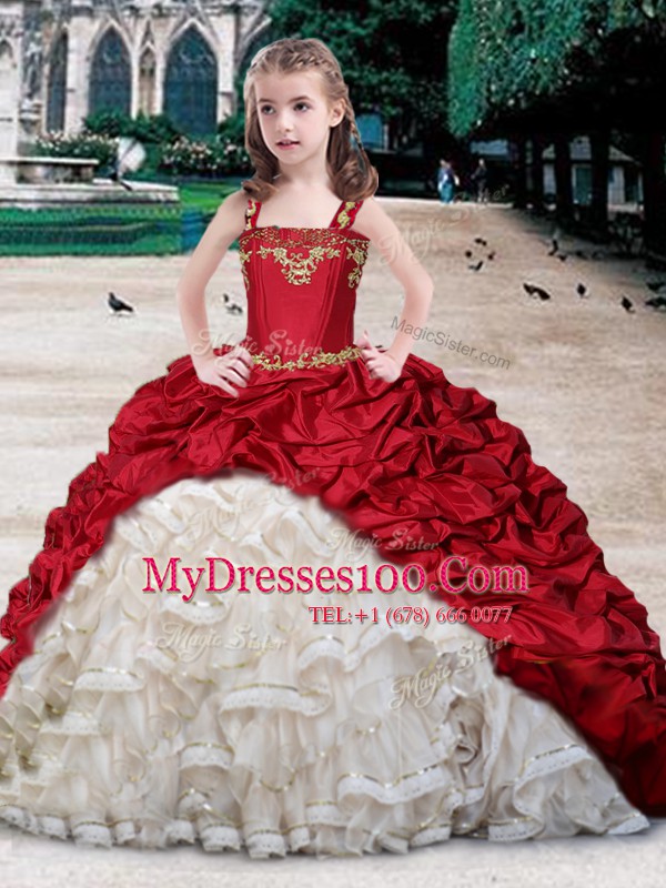 Straps Sleeveless Floor Length Beading and Appliques and Ruffles and Pick Ups Lace Up Flower Girl Dresses with White and Wine Red