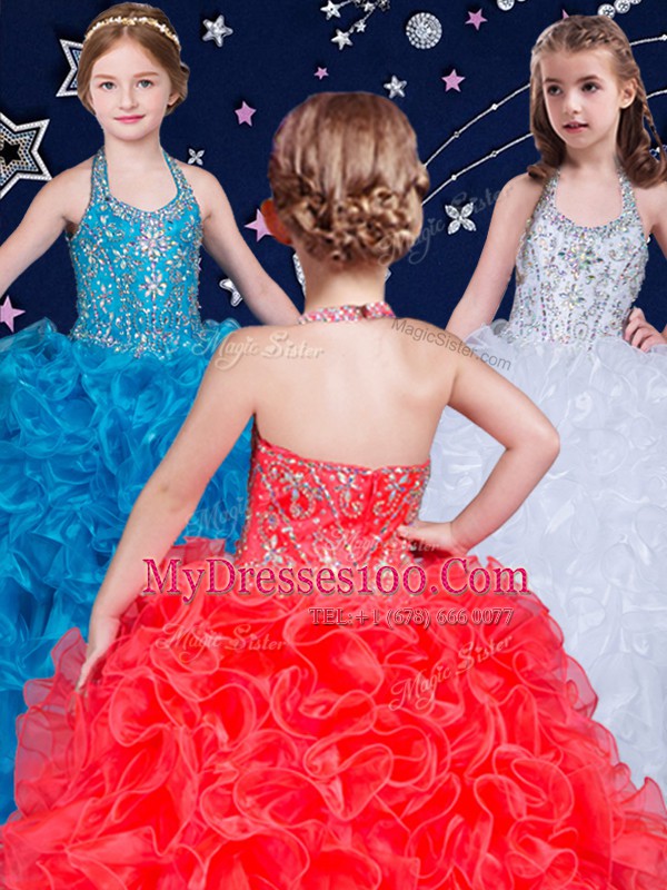 Stunning White and Coral Red and Blue Halter Top Lace Up Beading and Ruffles Flower Girl Dresses Sleeveless