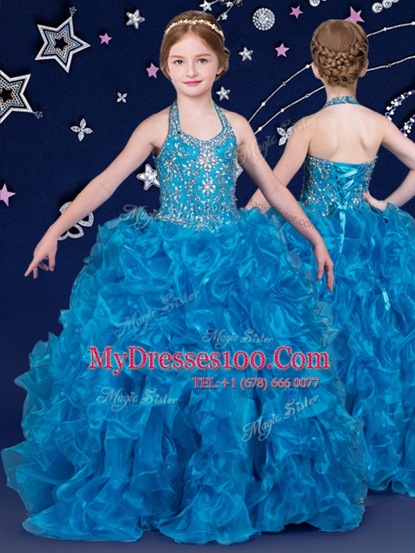 Stunning White and Coral Red and Blue Halter Top Lace Up Beading and Ruffles Flower Girl Dresses Sleeveless