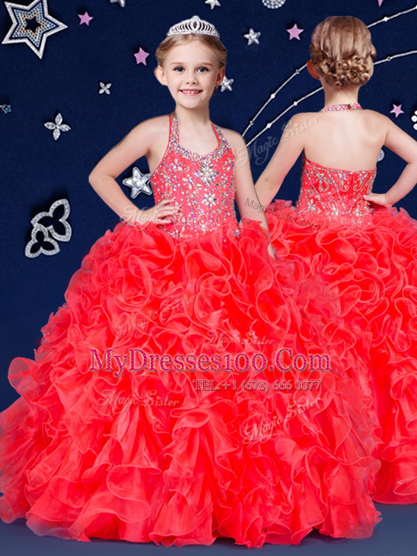 Stunning White and Coral Red and Blue Halter Top Lace Up Beading and Ruffles Flower Girl Dresses Sleeveless