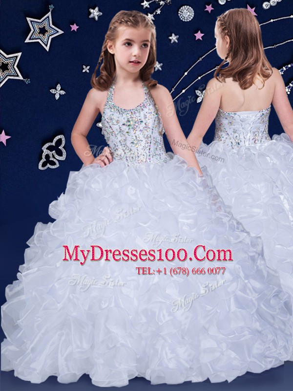 Stunning White and Coral Red and Blue Halter Top Lace Up Beading and Ruffles Flower Girl Dresses Sleeveless