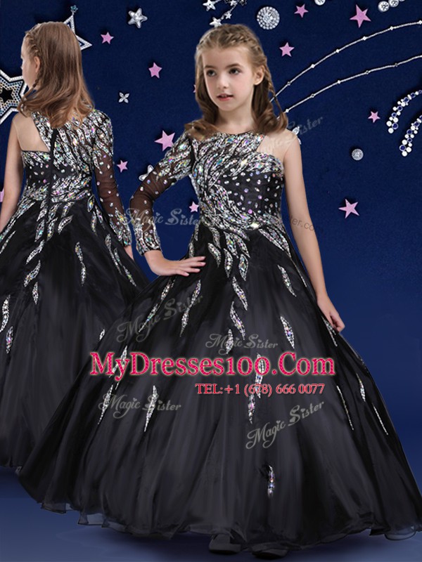 Exceptional Floor Length Black Flower Girl Dresses Organza Sleeveless Beading and Ruffles