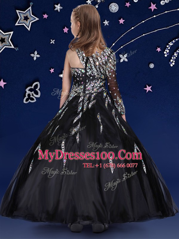 Exceptional Floor Length Black Flower Girl Dresses Organza Sleeveless Beading and Ruffles
