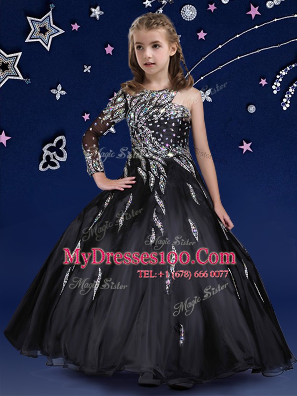 Exceptional Floor Length Black Flower Girl Dresses Organza Sleeveless Beading and Ruffles