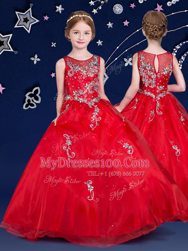Scoop Sleeveless Organza Floor Length Zipper Flower Girl Dresses for Less in Red with Beading and Appliques