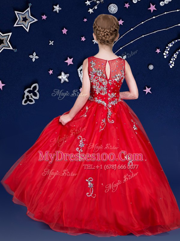 Scoop Sleeveless Organza Floor Length Zipper Flower Girl Dresses for Less in Red with Beading and Appliques