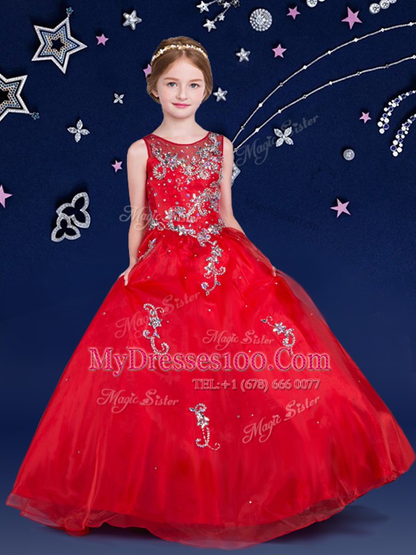 Scoop Sleeveless Organza Floor Length Zipper Flower Girl Dresses for Less in Red with Beading and Appliques