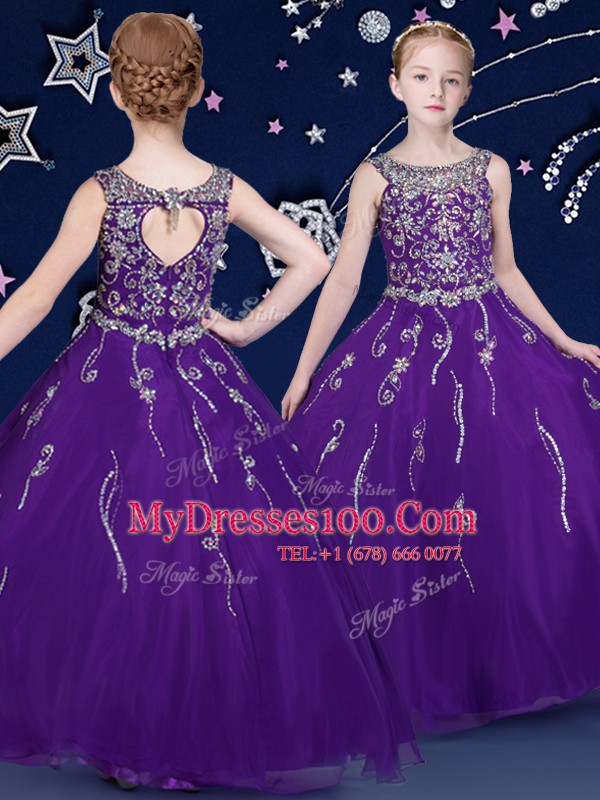 Scoop Sleeveless Floor Length Beading Lace Up Little Girls Pageant Dress Wholesale with Purple
