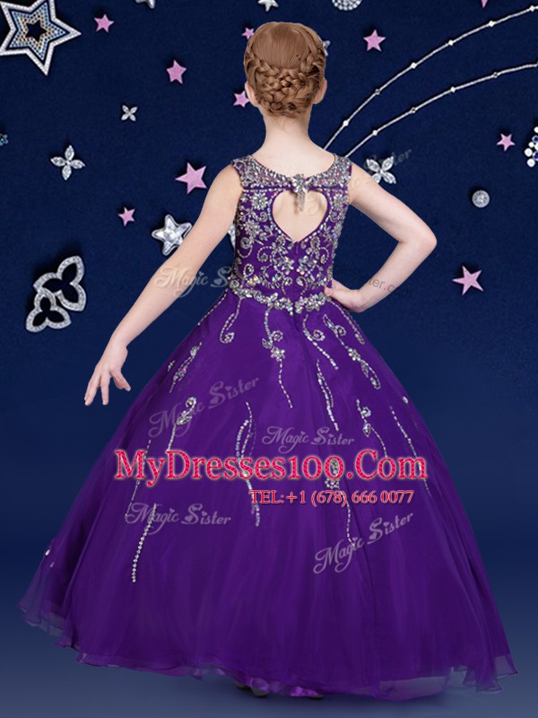 Scoop Sleeveless Floor Length Beading Lace Up Little Girls Pageant Dress Wholesale with Purple
